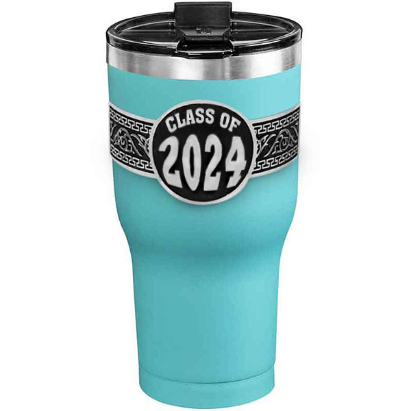 A customized tumbler made of stainless steel with a personalized engraved Class of 2024 lettering, 30 oz, ideal for coffee or cool drinks